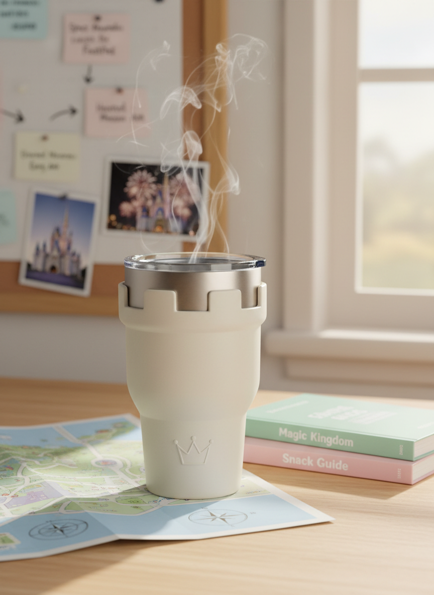 A steaming travel tumbler styled like a minimalist castle turret, matte cream with a tiny embossed crown icon, rests on a light wood desk beside an open park map and a neatly stacked trio of pastel guidebooks labeled “Magic Kingdom,” “EPCOT,” and “Snack Guide.” In the blurred background, a corkboard holds pinned ride strategy cards and polaroid-style photos of fireworks and castles, all without people. Soft morning sunlight from an unseen window creates a warm, cozy glow, catching gentle highlights on the tumbler’s metal rim. Photographic realism, shot at a slightly elevated angle with shallow depth of field, playful and inviting, perfect for a Disney trip-planning blog hero image.