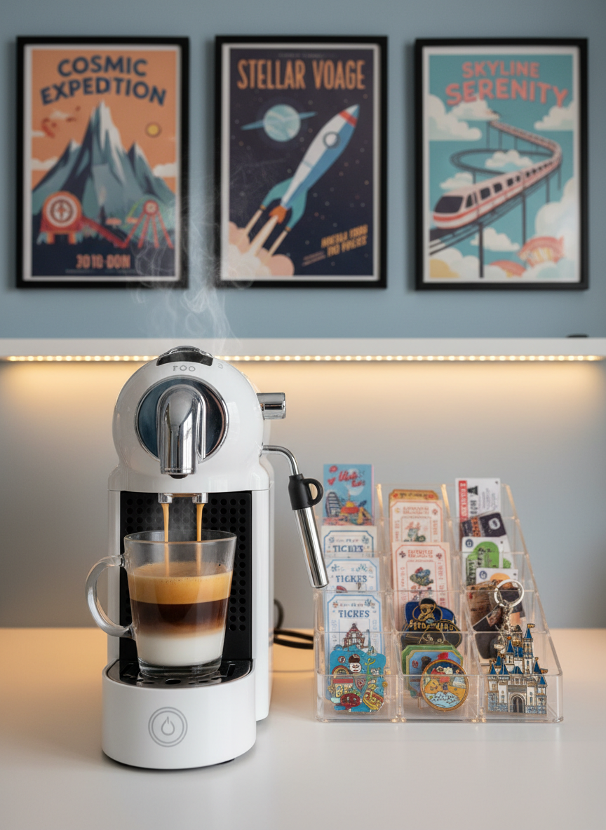 A richly detailed close-up of a theme park-inspired coffee corner at home: a compact coffee machine in glossy white brews into a short, clear glass mug, showcasing distinct espresso and frothy milk layers. Beside it sits a small acrylic organizer filled with neatly arranged, illustrated park tickets, enamel ride icons, and a mini castle-shaped keychain. The backdrop is a pale blue wall adorned with framed, stylized attraction posters—mountains, space rockets, and a whimsical monorail—no people visible. Warm under-cabinet lighting casts a golden glow, emphasizing steam trails and reflective metal accents. Photographic realism with a shallow depth of field and a cozy, aspirational mood, inviting viewers to sip coffee while planning their next magical park day.