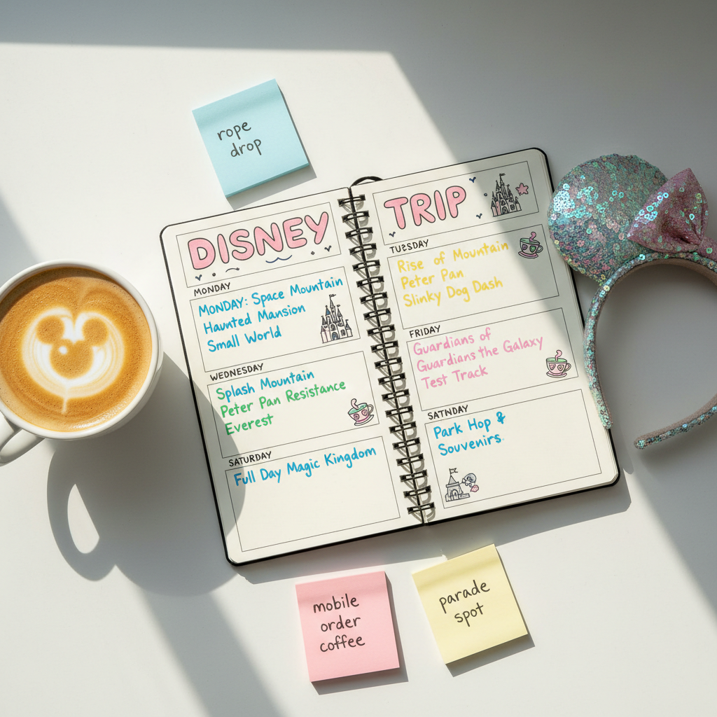 An overhead photographic shot of a cozy flat lay: a spiral-bound planner open to a week labeled “Disney Trip,” each day filled with colorful handwritten ride names and tiny doodles of castles, teacups, and rockets. A caramel latte in a wide, white ceramic mug with foamy latte art shaped like a tiny mouse silhouette sits on one side, while a neatly folded pair of iridescent sequin mouse ears lies on the other. Scattered pastel sticky notes read “rope drop,” “mobile order coffee,” and “parade spot.” Diffused afternoon light creates soft shadows and a calm, organized mood, with crisp focus and vibrant but gentle colors in a playful photographic realism style.