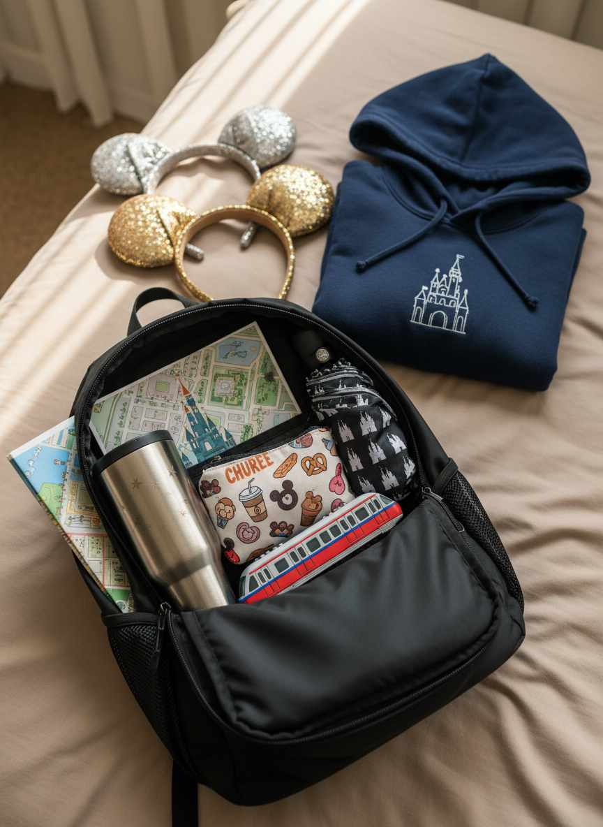 A photographic, eye-level scene of a neatly packed open backpack on a soft, sand-colored duvet, styled for a Disney park day. Inside, arranged with satisfying order, are a stainless steel insulated coffee tumbler with tiny engraved stars, a folded park map peeking out of a mesh pocket, a compact umbrella with a castle silhouette pattern, a portable charger shaped like a retro monorail, and a small zip pouch printed with icons of churros, pretzels, and iced coffee. Behind the bag, a pair of glittery ear headbands and a navy hoodie embroidered with a subtle castle outline are laid out. Soft golden-hour light from a nearby window creates long, gentle shadows and a calm, anticipatory atmosphere in clean photographic realism.