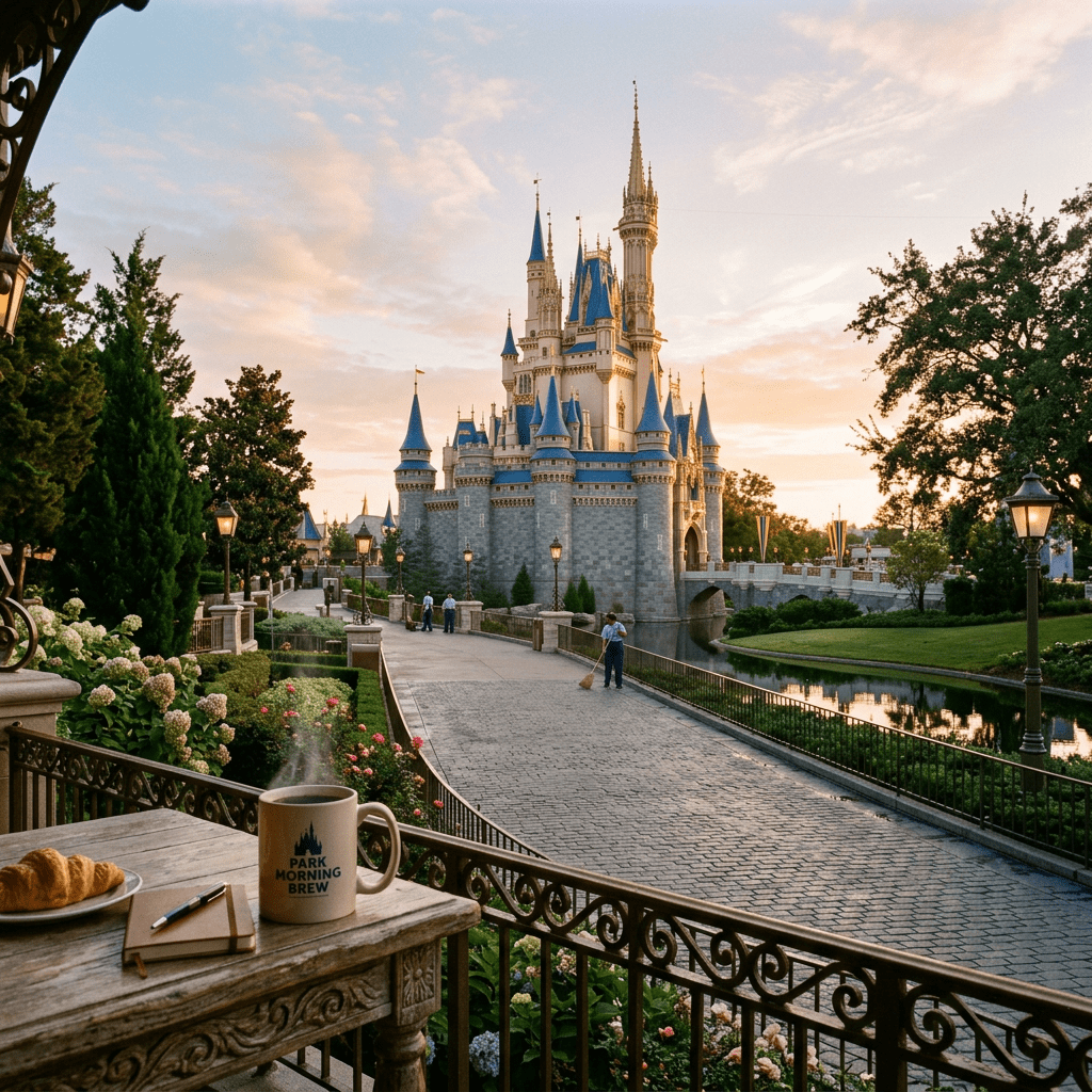Iconic castle at sunrise with coffee mug and croissant on balcony table
